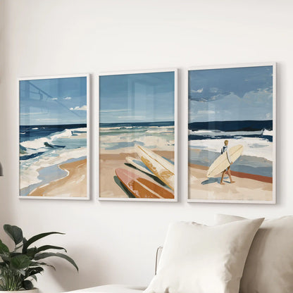 Beach shoreline scenes wall art, a white-framed triptych, lines the sitting room wall behind the couch for an easy, salt-air focal row.