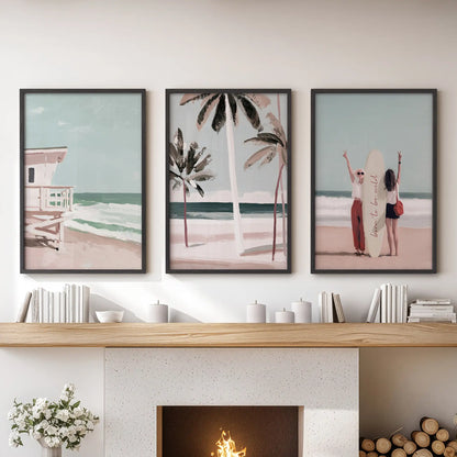 California lifeguard tower scenes, a 3-piece wall decor set, sit black-framed above the mantel to anchor a relaxed, beachy family room.