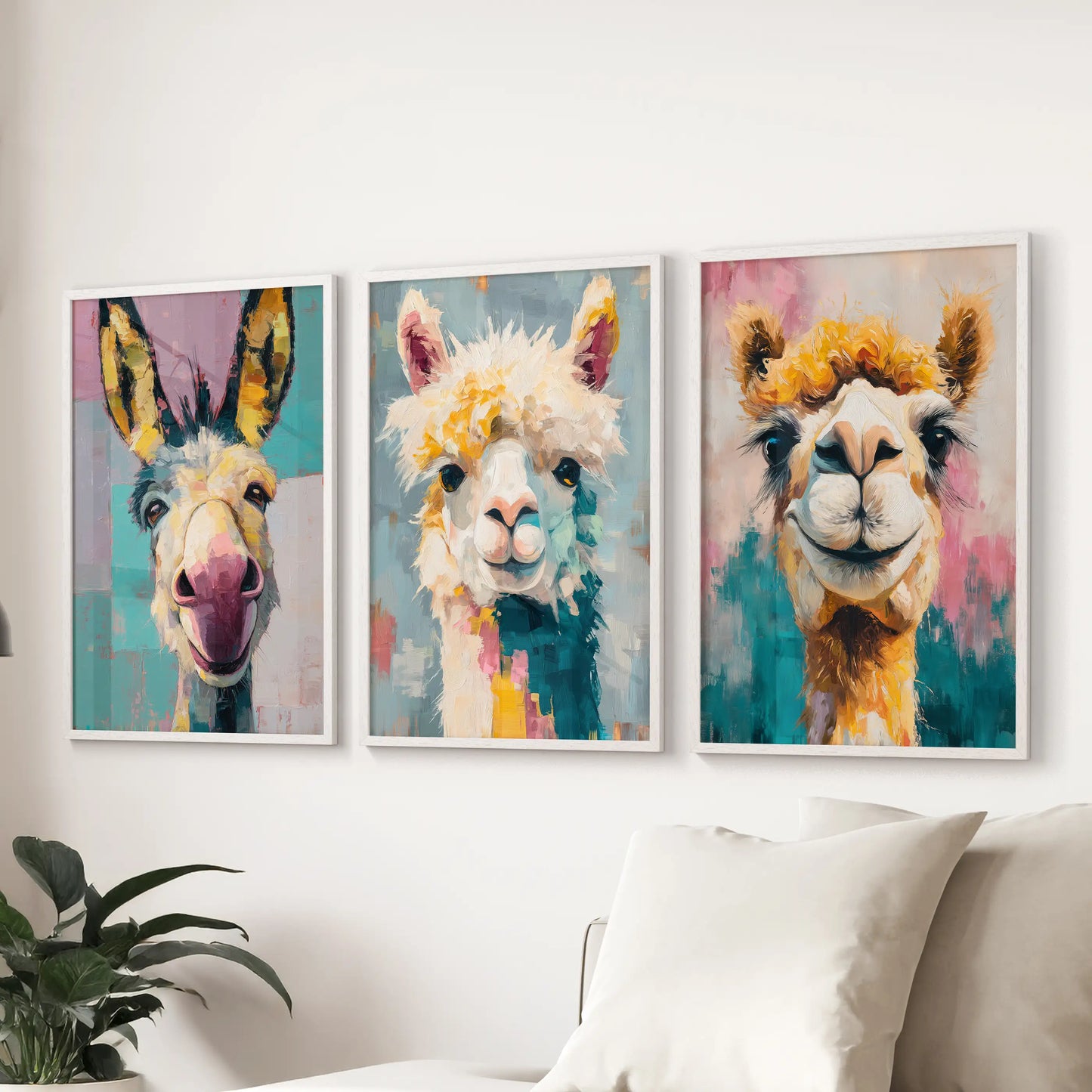 Quirky animal pop art trio wall art set of three in a white frame stretches above the sectional sofa, anchoring a bright, happy family room.