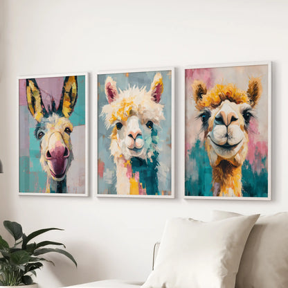 Quirky animal pop art trio wall art set of three in a white frame stretches above the sectional sofa, anchoring a bright, happy family room.