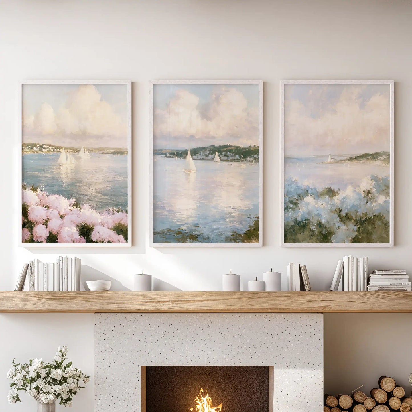 This 3-piece wall art featuring a New England coastal cottage rests above the family room mantel. White frames echo porch rails, dunes, and a salt-tinged breeze.