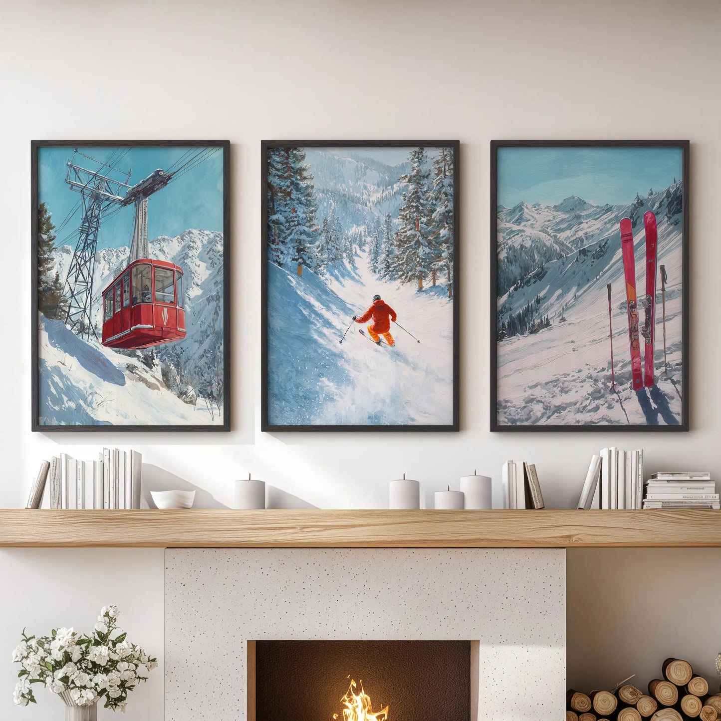 Alpine mountain landscape, a three-piece wall poster set, made for the lounge above the fireplace mantel and presented in refined black frames.