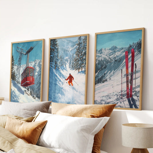 Alpine village chalets, a three-piece picture set, with wooden frames to sit over the bed and bring rustic charm to the bedroom.