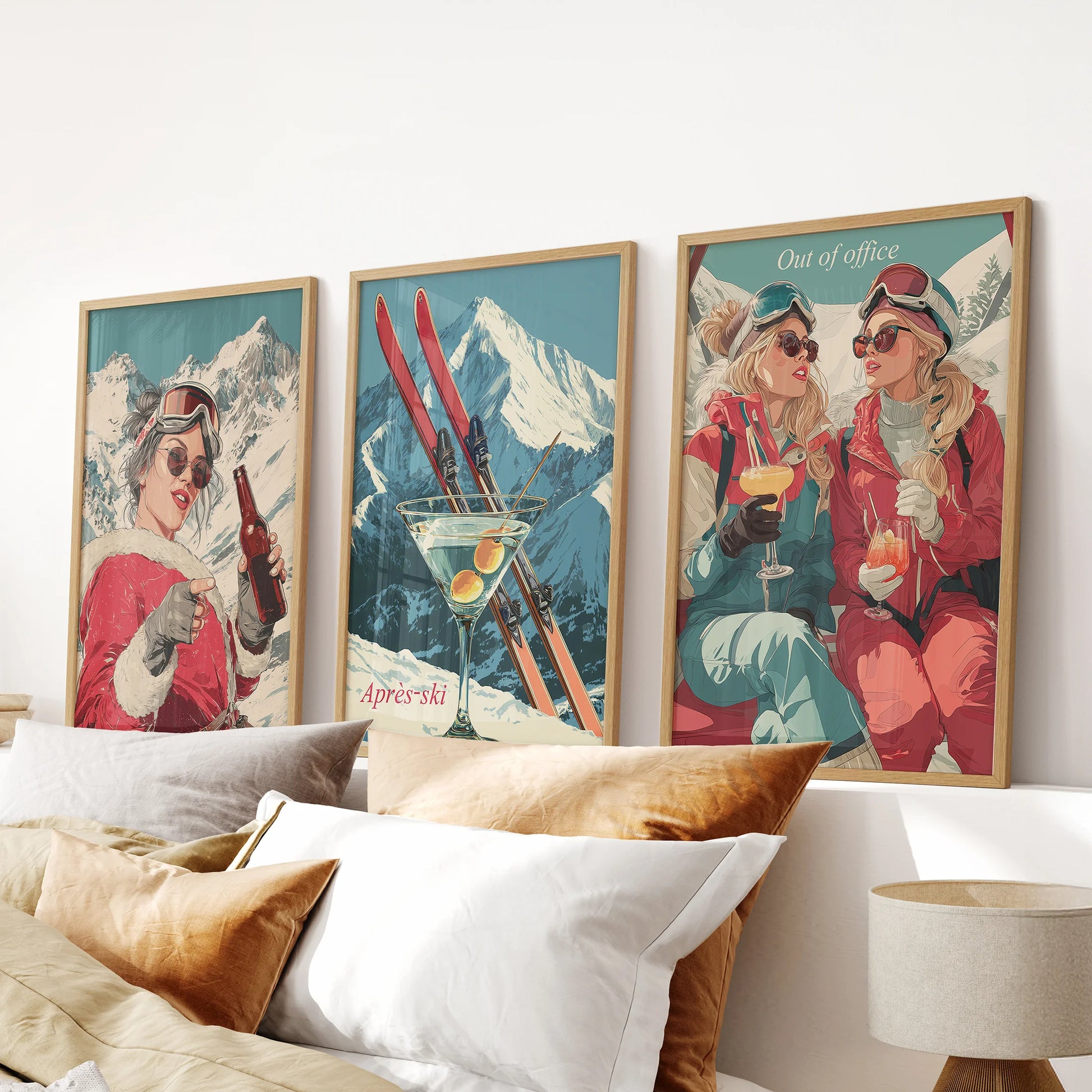 Winter chalet decor set, 3-piece wall art in oak frames for the bedroom, arranged over the headboard to bring a soft alpine mood.