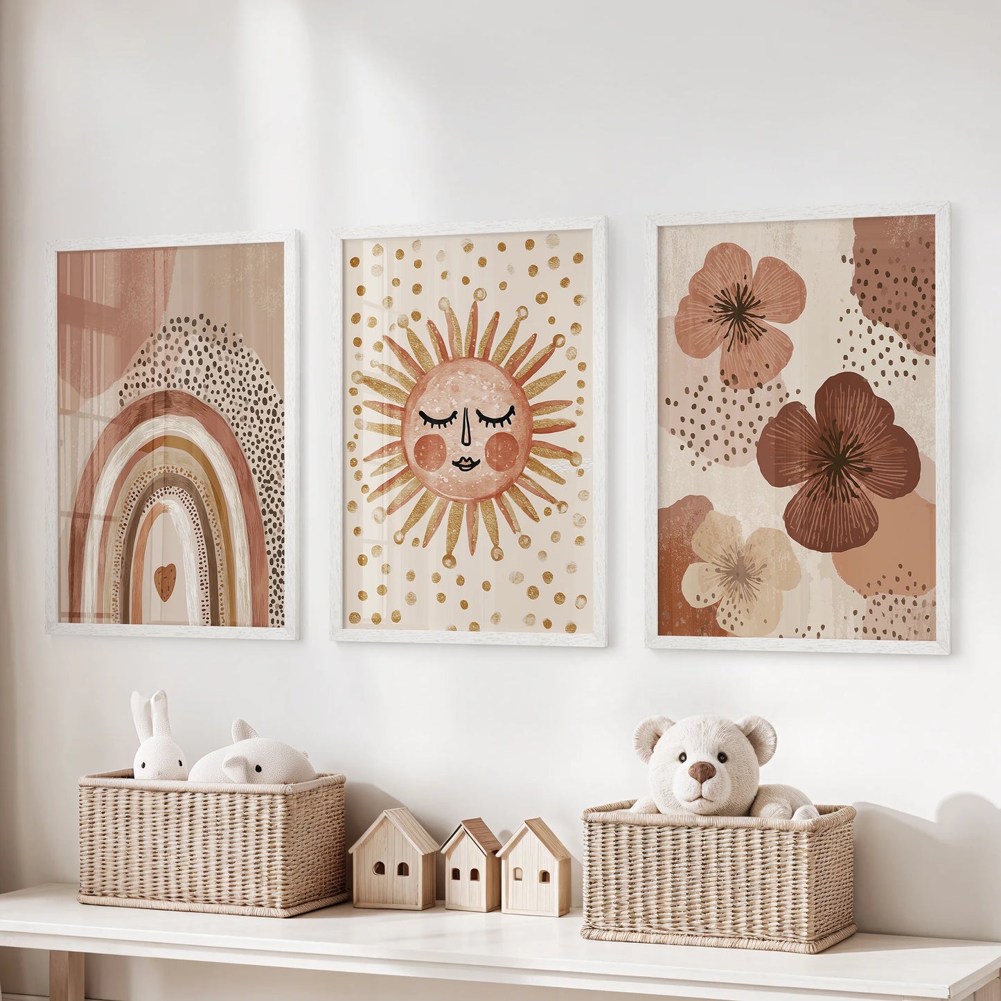 A boho sun set of three wall decor pieces in bright white frames brings a light, happy accent to the kids room over the storage bench.