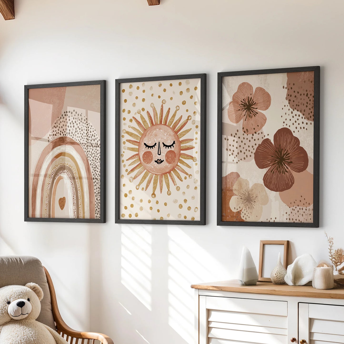 A cheerful flowers wall art three-piece in sleek black frames brightens the children's room, adding a tidy splash of color above the dresser.