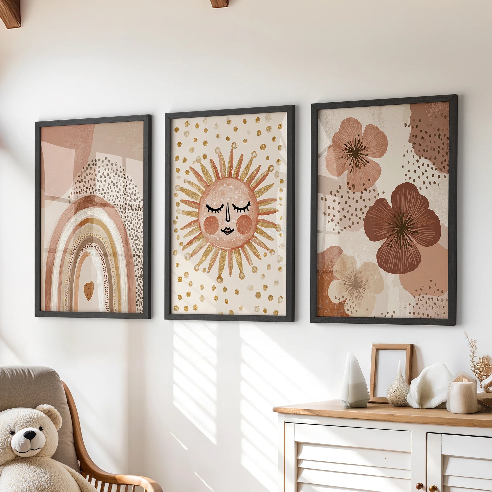 A cheerful flowers wall art three-piece in sleek black frames brightens the children's room, adding a tidy splash of color above the dresser.