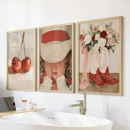 Vintage girl illustration 3 piece wall decor in warm wood frames sweetens the bathroom, arranged above the bathtub.