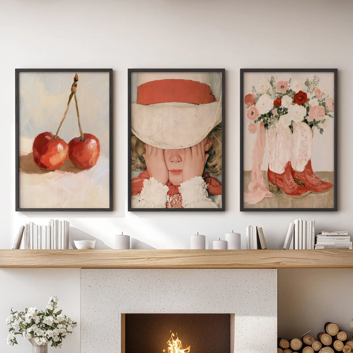 Vintage floral botanicals three-print wall art set brings warmth to the lounge, arranged above the hearth in sleek black frames.