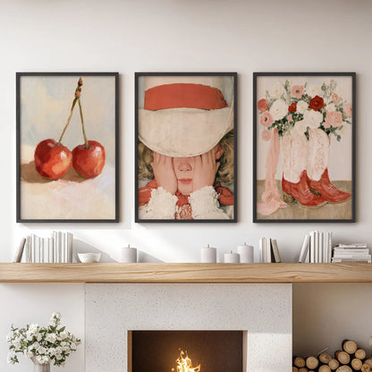 Vintage floral botanicals three-print wall art set brings warmth to the lounge, arranged above the hearth in sleek black frames.