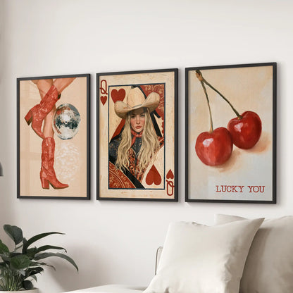 Disco cherry art prints set of 3, black-framed, perch over the sofa to sweeten the lounge with retro sparkle and a bar-cart-friendly pop of red.