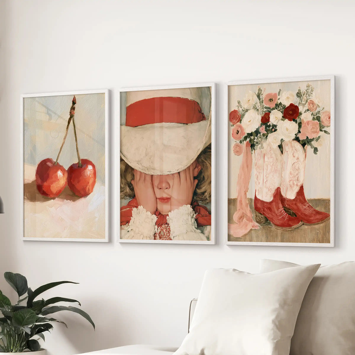 Vintage floral botanicals 3 piece artwork brings a design-forward note to the sitting room, hung over the sectional in slim white frames.