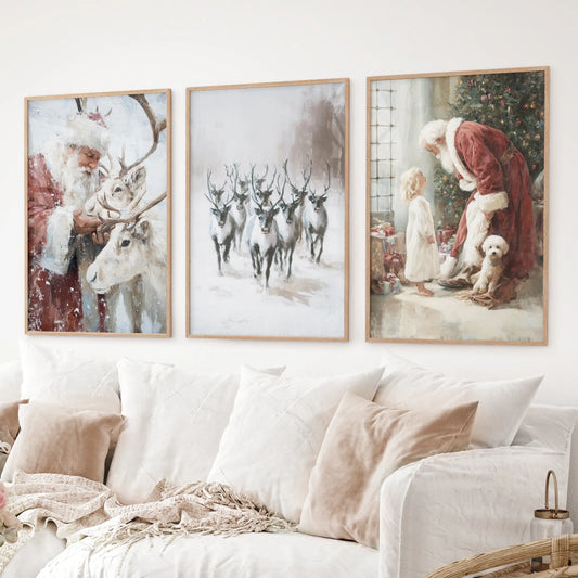 Festive holiday wall decor set of 3 prints. Santa Claus and reindeer vintage wall art for Christmas. Thinwood frames over the couch.