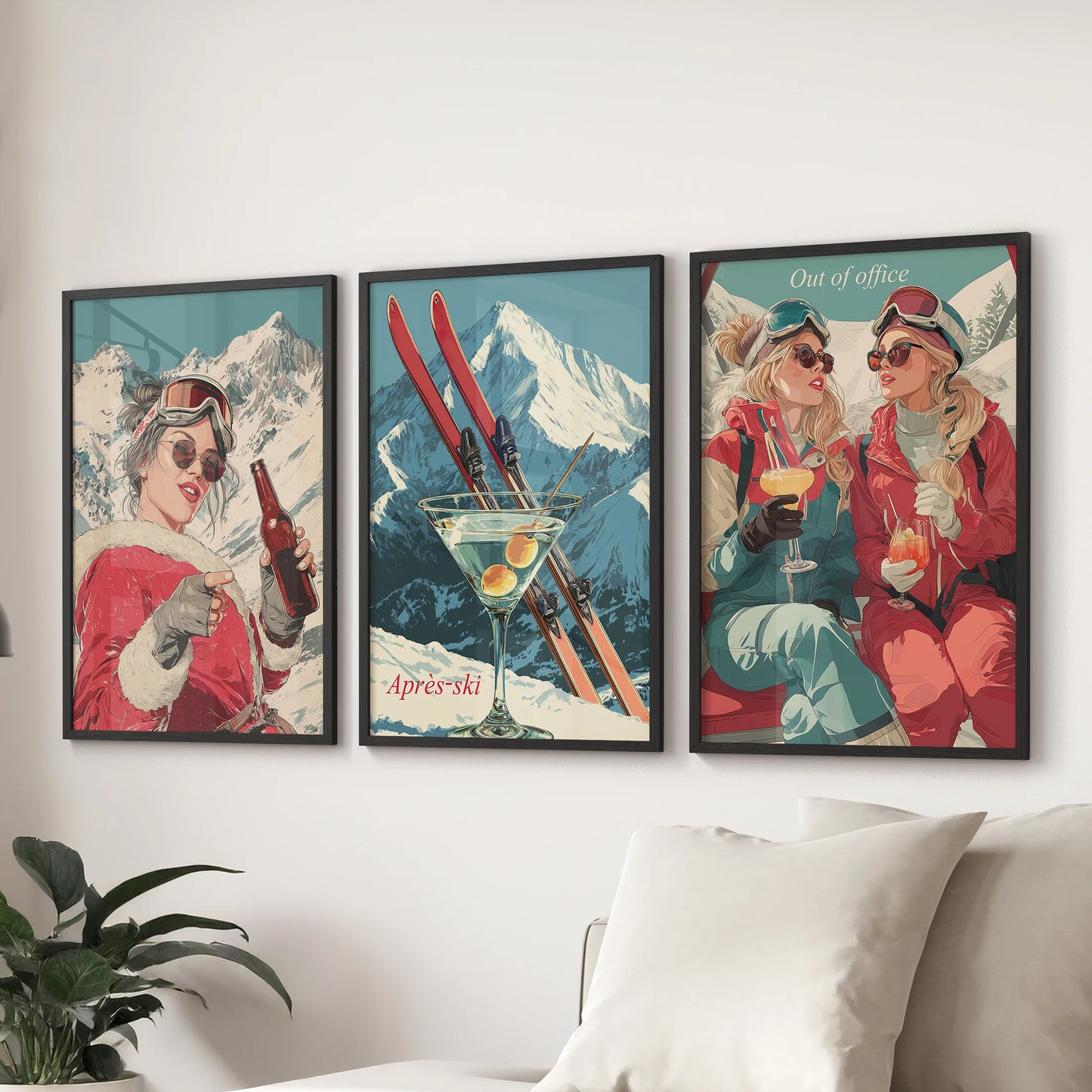 Ski lodge wall art, a gallery wall trio of black-framed prints for the lounge, hanging above the couch with crisp winter graphics.