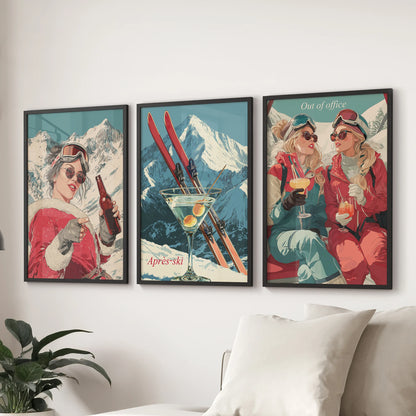 Ski lodge wall art, a gallery wall trio of black-framed prints for the lounge, hanging above the couch with crisp winter graphics.