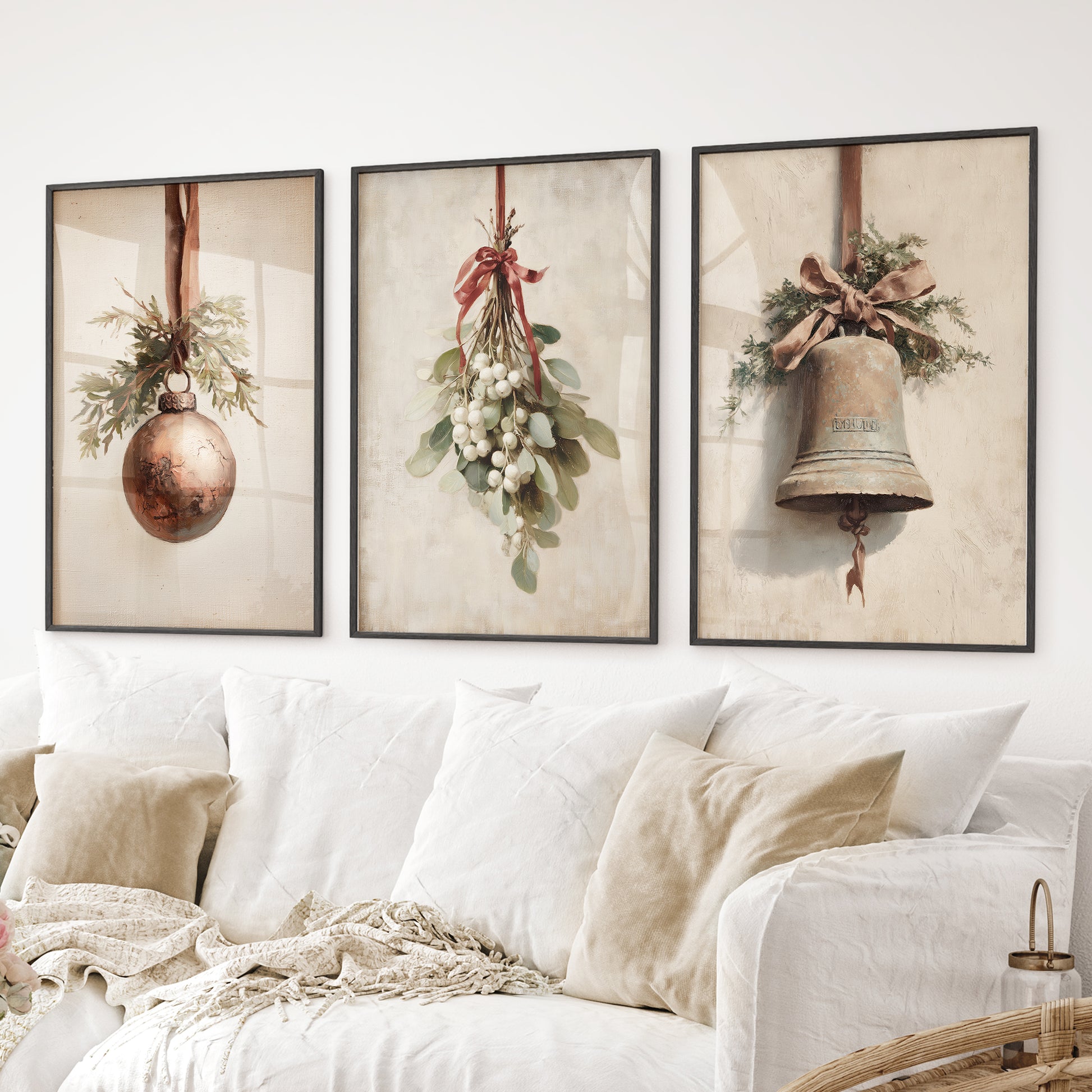 Cozy Christmas wall art set of 3 prints for seasonal home styling. Black frames for living room.