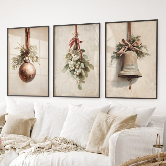 Cozy Christmas wall art set of 3 prints for seasonal home styling. Black frames for living room.