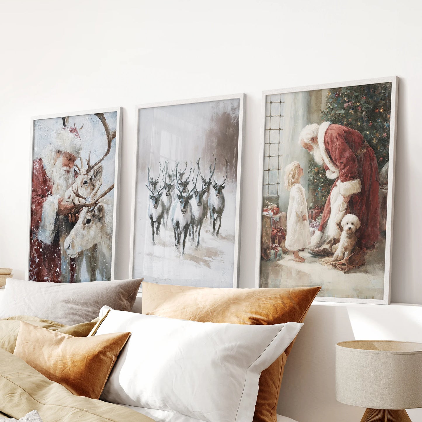 Christmas deer 3-piece art set in crisp white frames hangs above the bed, vintage illustrations lending calm winter charm to the bedroom.