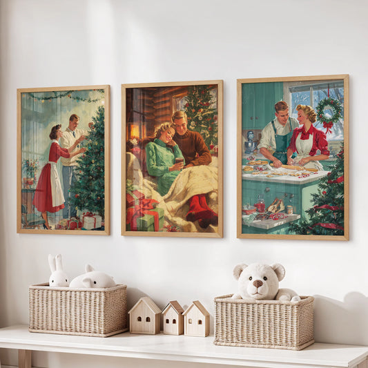 Classic Santa portraits in a wood-framed wall art trio enrich the playroom with merry retro spirit above the toy storage bench.