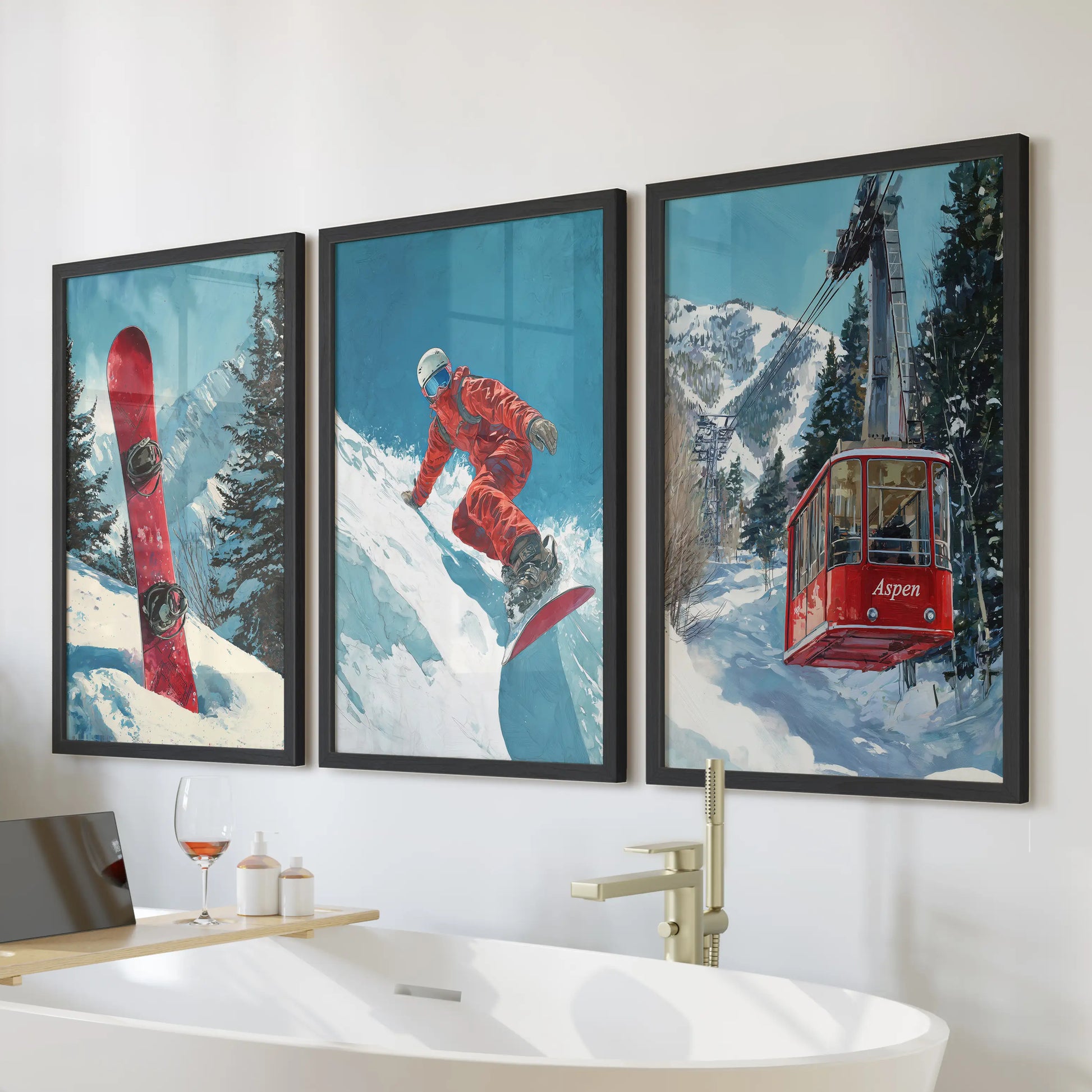 Vintage snowboarder wall art, a 3-piece poster set in black frames, adds a retro alpine vibe over the bathroom tub and ties winter sport style into the space.