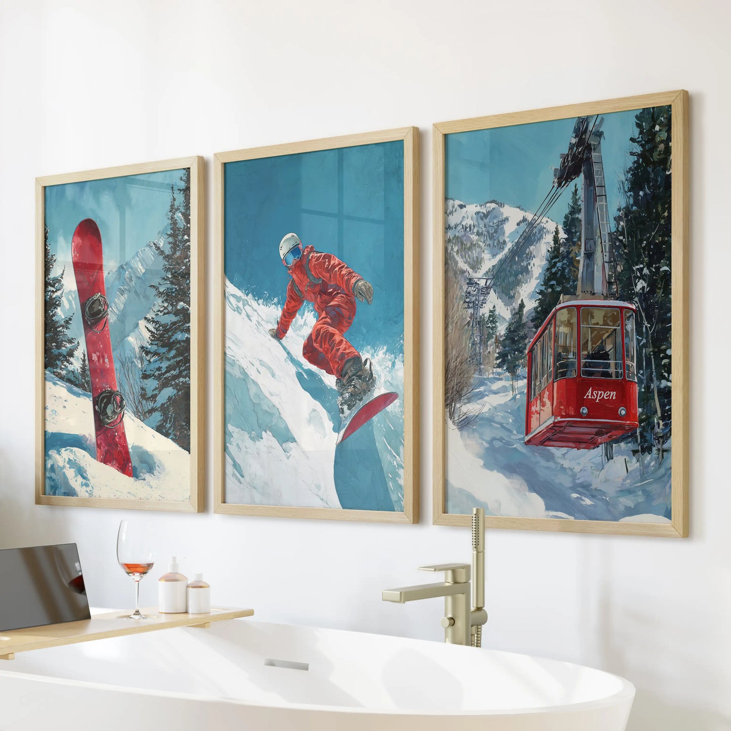 Vintage snowboarder poster trio, a set of three in wood frames, lends retro motion above the bathroom tub with warm timber against cool alpine art.