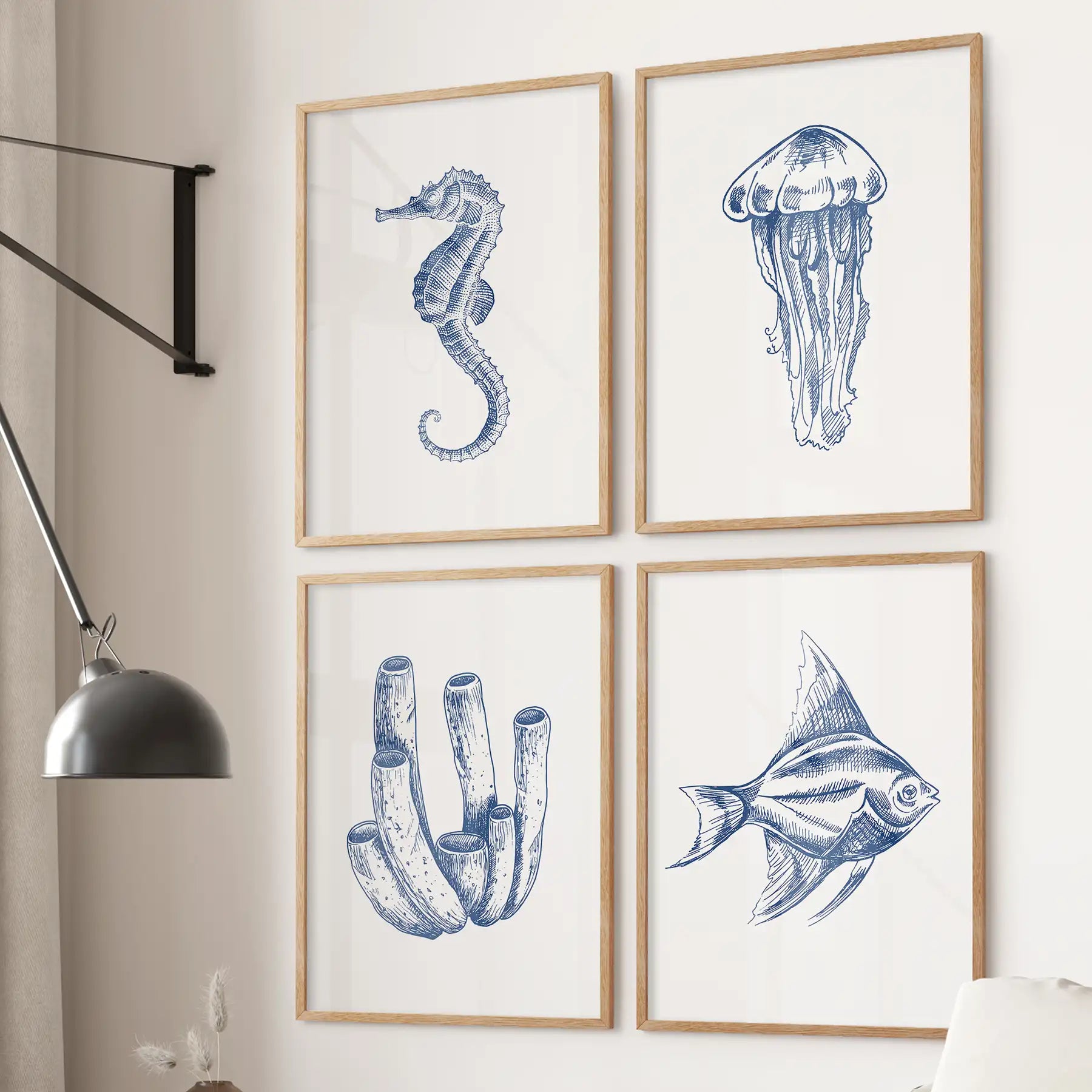 Ocean wall art modern vintage posters. Set of 4 undersea life animals room decor prints. Thinwood frames for office.