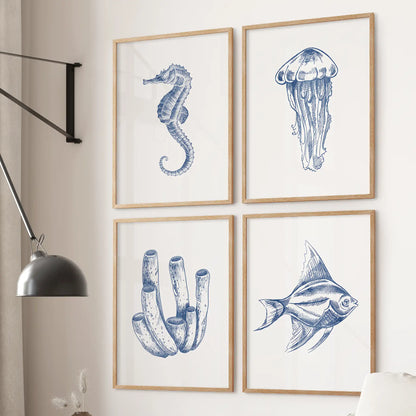 Ocean wall art modern vintage posters. Set of 4 undersea life animals room decor prints. Thinwood frames for office.
