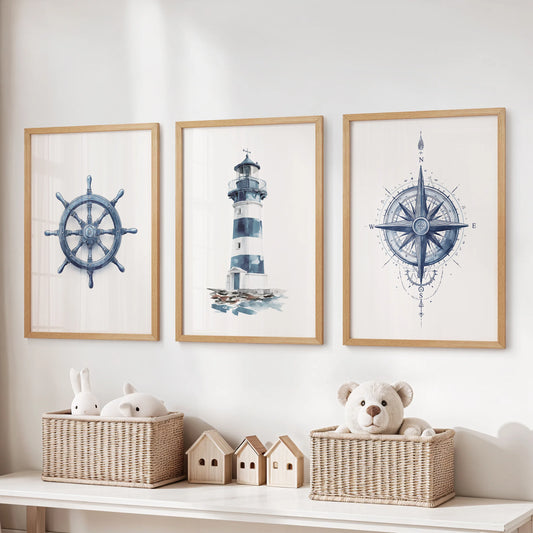 Ocean seascape three-piece wall art in thin wood frames brings a gentle, nautical note to the kids room, arranged above the toy storage for tidy charm.