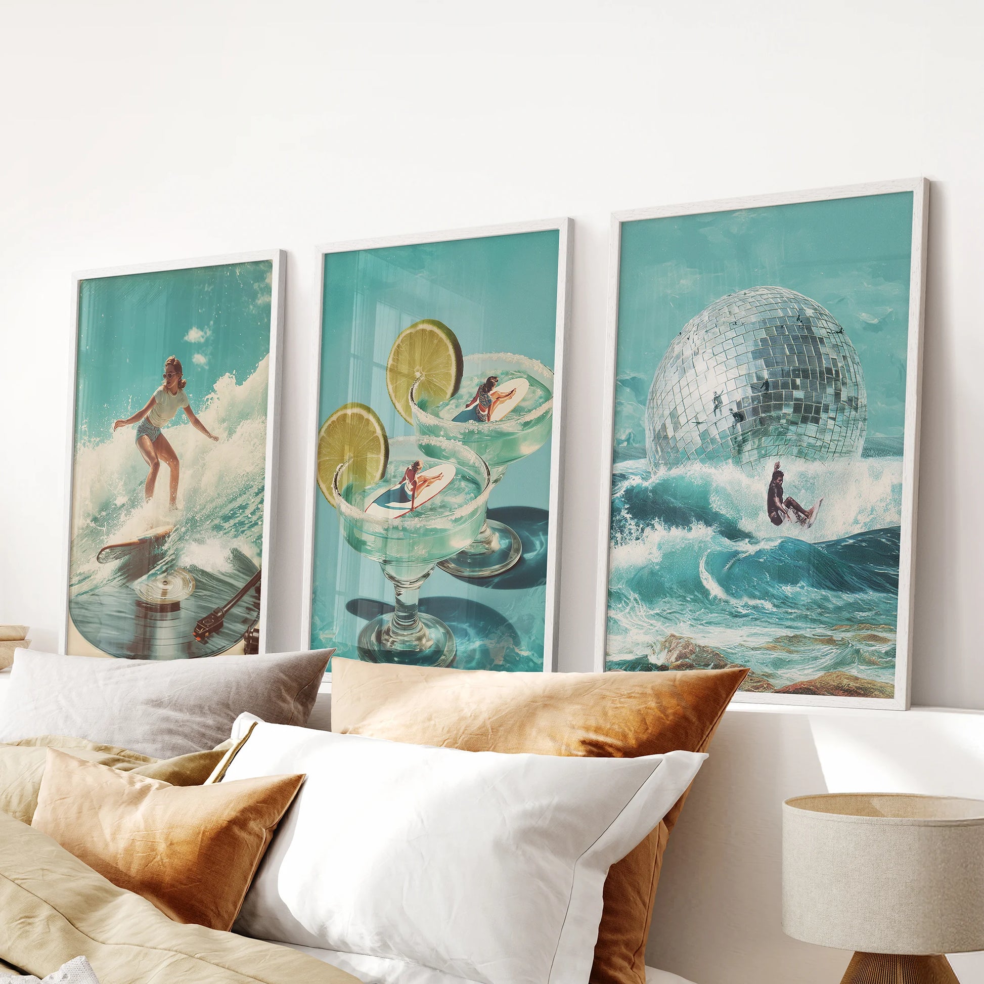 Coastal cowgirl wall art, a 3-piece set, lassos beachy charm into the bedroom, arranged over the bed in fresh white frames with sunlit surf vibes.