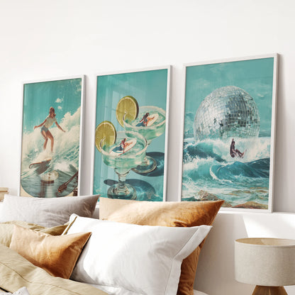 Coastal cowgirl wall art, a 3-piece set, lassos beachy charm into the bedroom, arranged over the bed in fresh white frames with sunlit surf vibes.