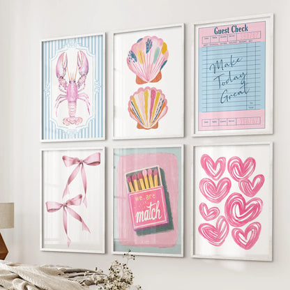 Lobster illustration 6-piece wall decor set in crisp white framed prints, styled as beachy wall art for the wall beside the bed in a bright bedroom.