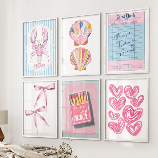 Lobster illustration 6-piece wall decor set in crisp white framed prints, styled as beachy wall art for the wall beside the bed in a bright bedroom.