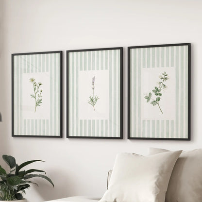 Sage botanical wall art in a three-print set is shown in black frames above a couch in a sitting room, with a different floral study in each print.