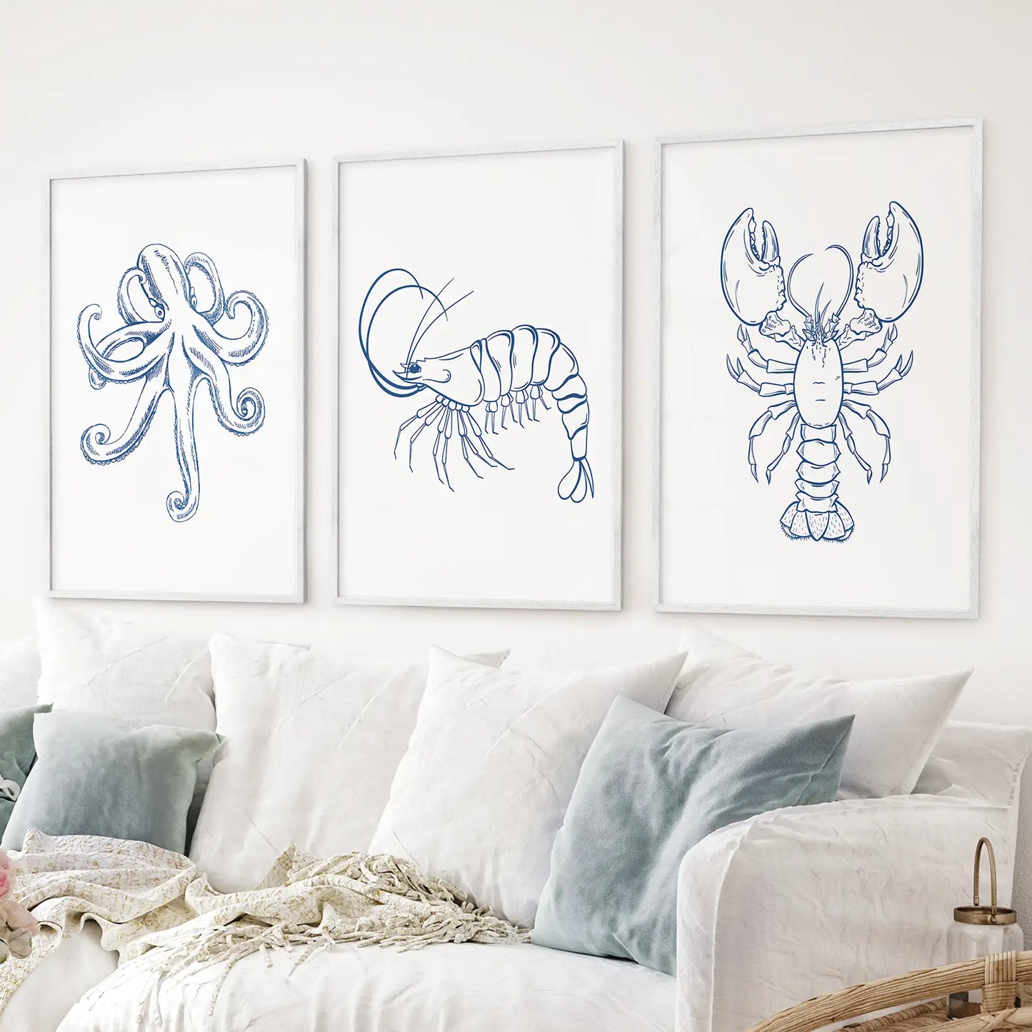 Ocean lover gifts art prints. Light blue sealife nautical tredy wall decor. White frames for beach house.