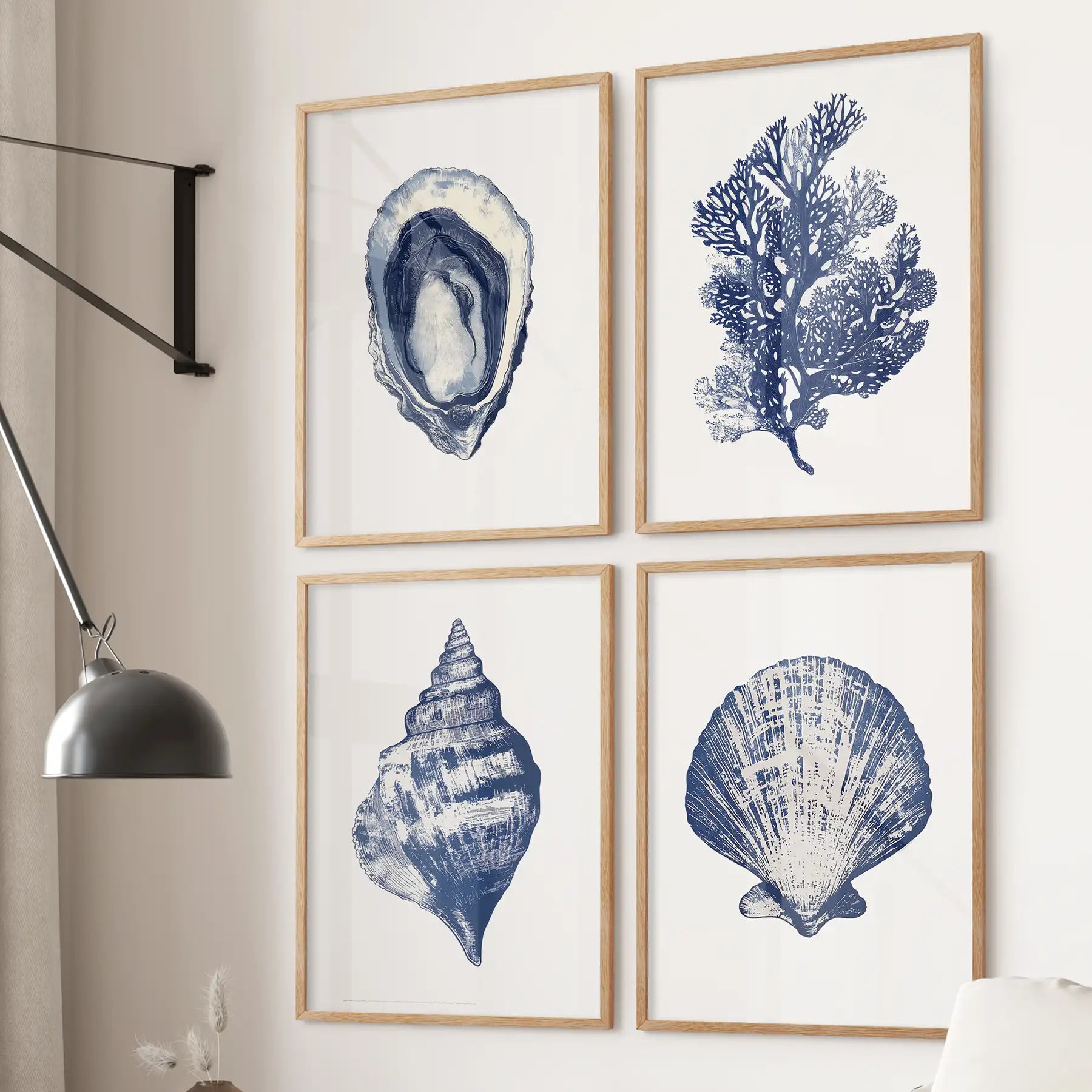 Blue coastal art 3 piece set. Modern apartment decor ocean posters. Thinwood frames for lake house.