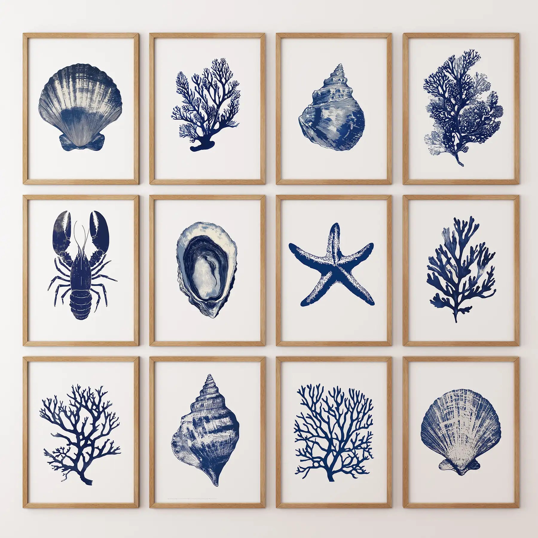 Beach house decor summer wall art. Navy blue nautical print set gallery. Thinwood frames for living room.