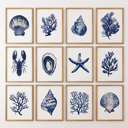 Beach house decor summer wall art. Navy blue nautical print set gallery. Thinwood frames for living room.