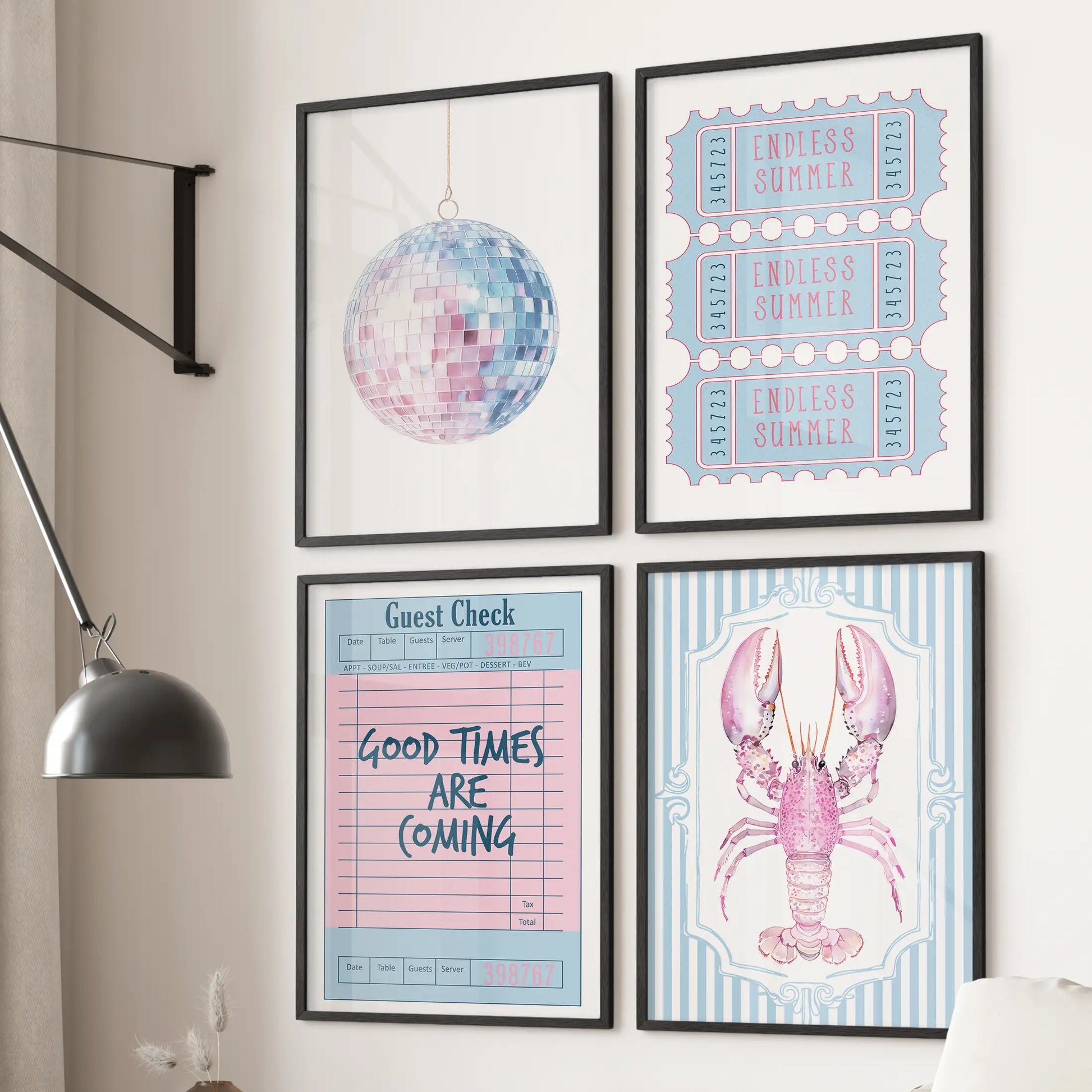 Mirror disco ball wall art, set of four, framed in black, brightens a lounge and hangs as a tidy grid over the sofa in breezy pink and blue tones.