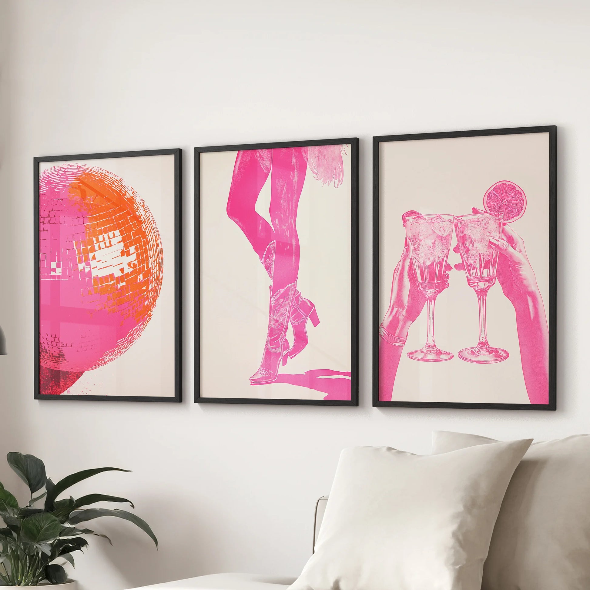 Cowgirl aesthetic posters, a  set of 3 in black frames, are arranged over the sofa to add playful Western flair to a contemporary sitting room.