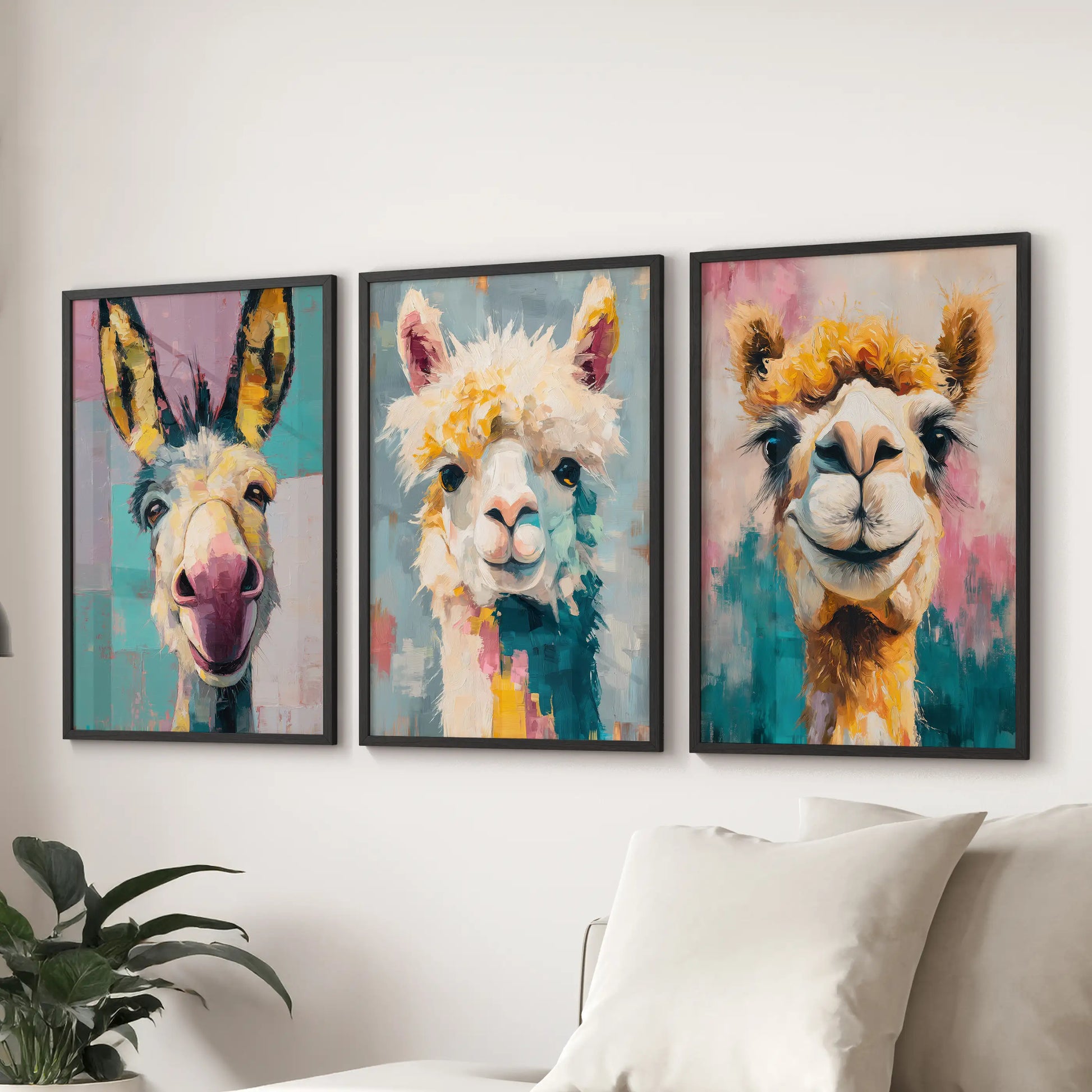 A lively trio of black-framed animal prints fills the family-room wall over the couch with a playful burst of pop color.