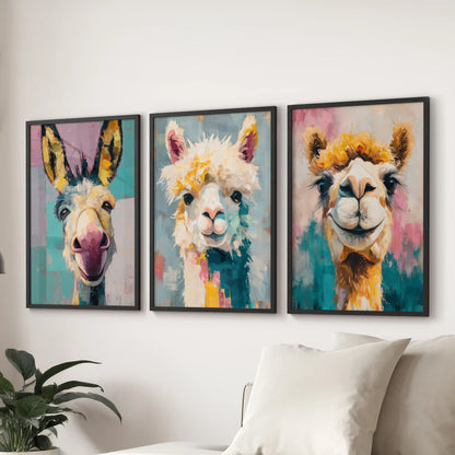 A lively trio of black-framed animal prints fills the family-room wall over the couch with a playful burst of pop color.