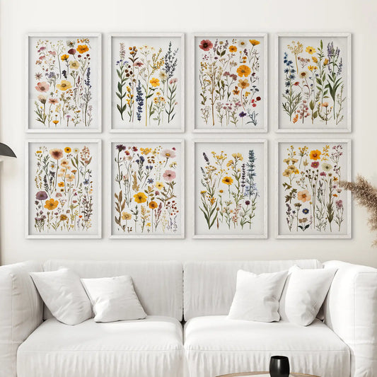 Colorful botanical wall art set of 8 prints featuring wildflowers and herbs. White frame over the couch.