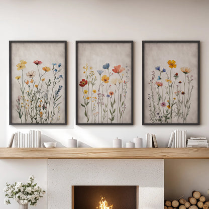 Black-framed wall prints in a set of three show retro botanicals arranged as a tidy trio over the lounge mantel for a balanced, vintage look.