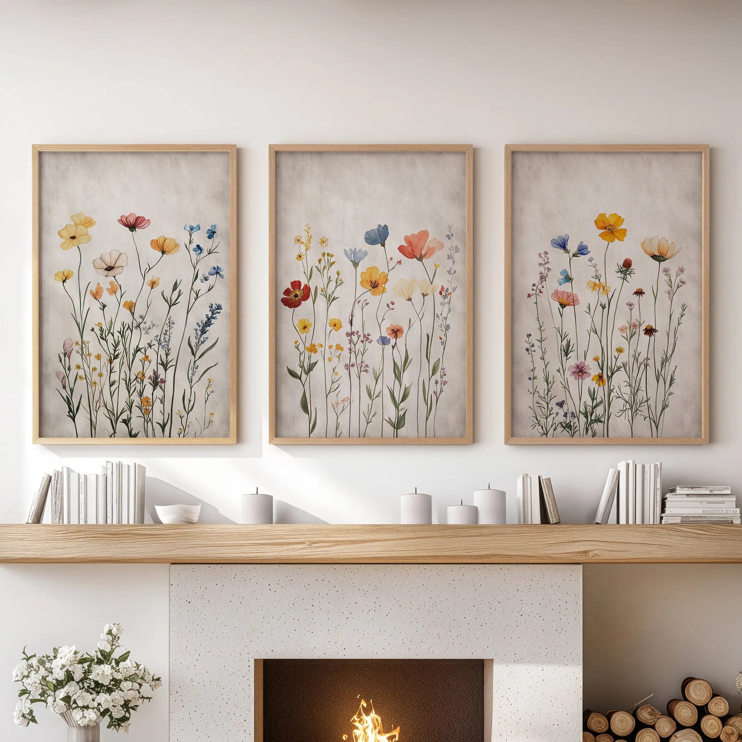 Three thin-wood-framed wall art prints of bright wildflowers hang in a clean row above the hearth, freshening the family room with color.