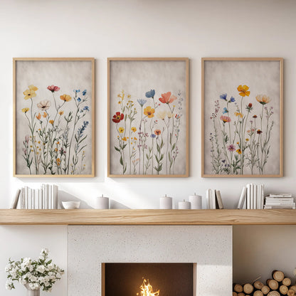 Three thin-wood-framed wall art prints of bright wildflowers hang in a clean row above the hearth, freshening the family room with color.