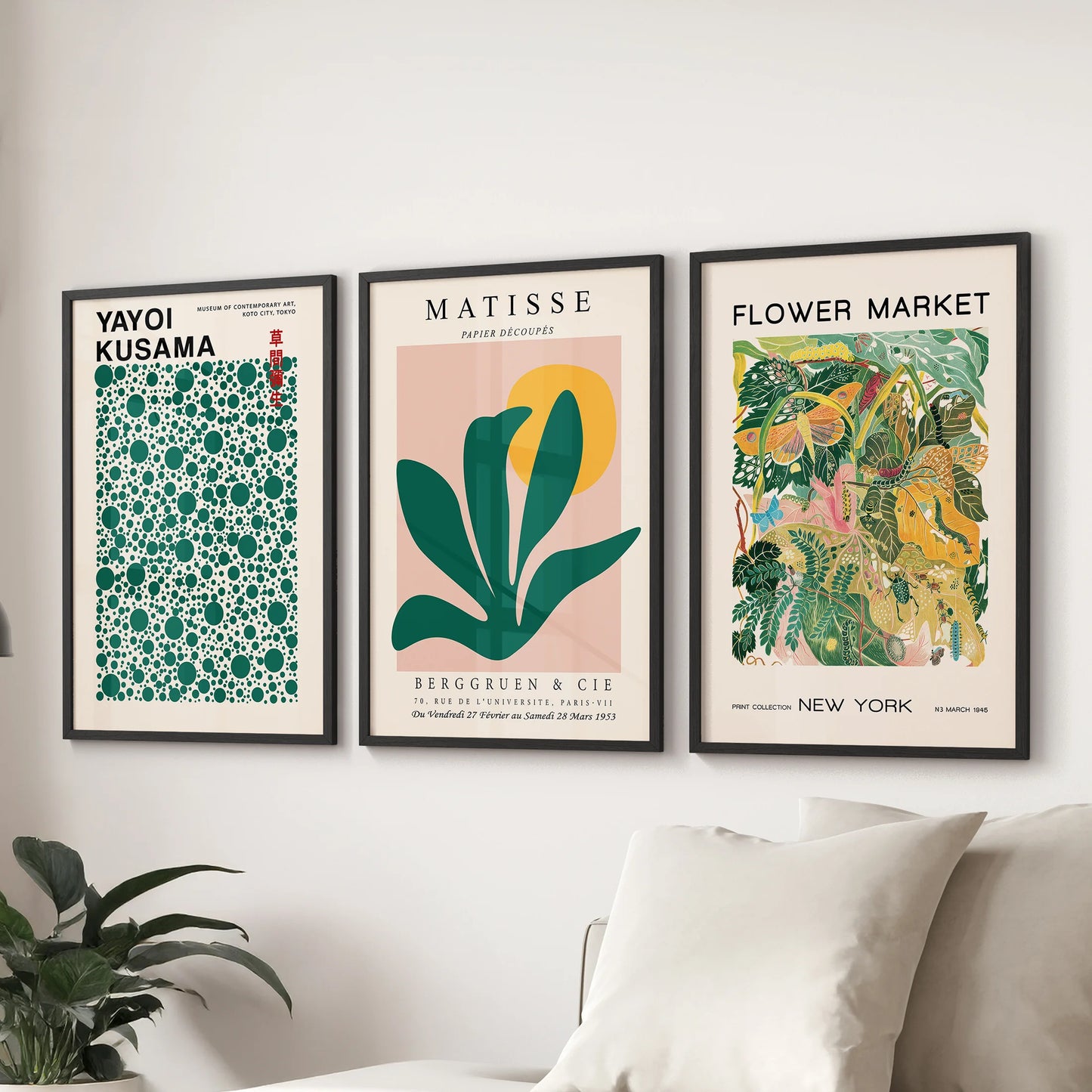Flower Market posters in a three-piece set, black-framed and styled in the living room over the sofa to brighten the wall with fresh color.