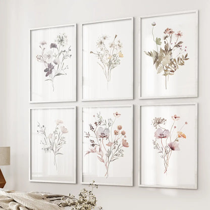 Cottagecore flower posters in white frames, 6-piece wall gallery of wildflowers above bed