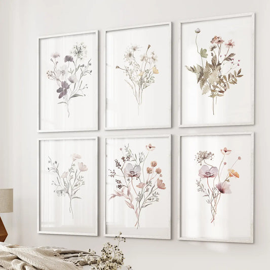 Cottagecore flower posters in white frames, 6-piece wall gallery of wildflowers above bed