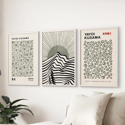 Polka dot motif triptych, a poster trio for the family room, floating over the sofa in crisp white frames to keep the look airy and modern.