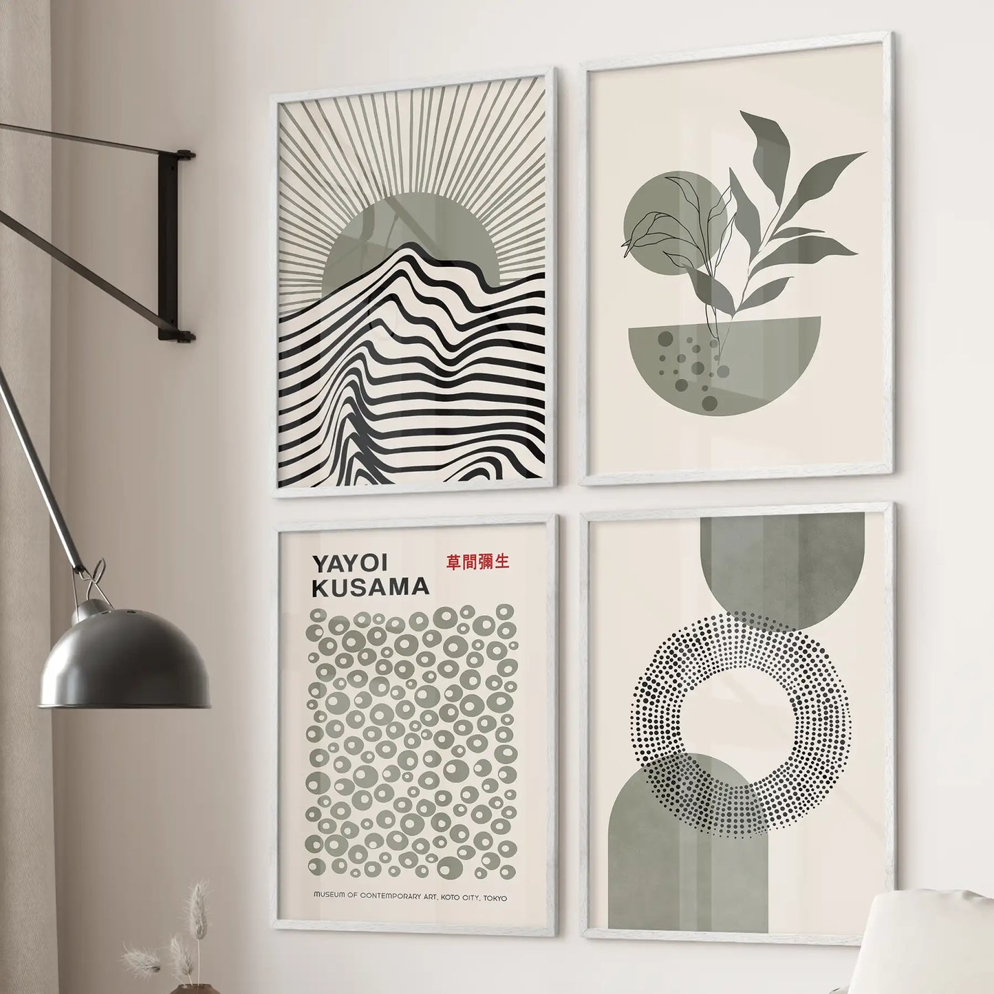 Black and sage green abstract poster set. Mid century modern neutral geometric prints. White frames for bedroom.